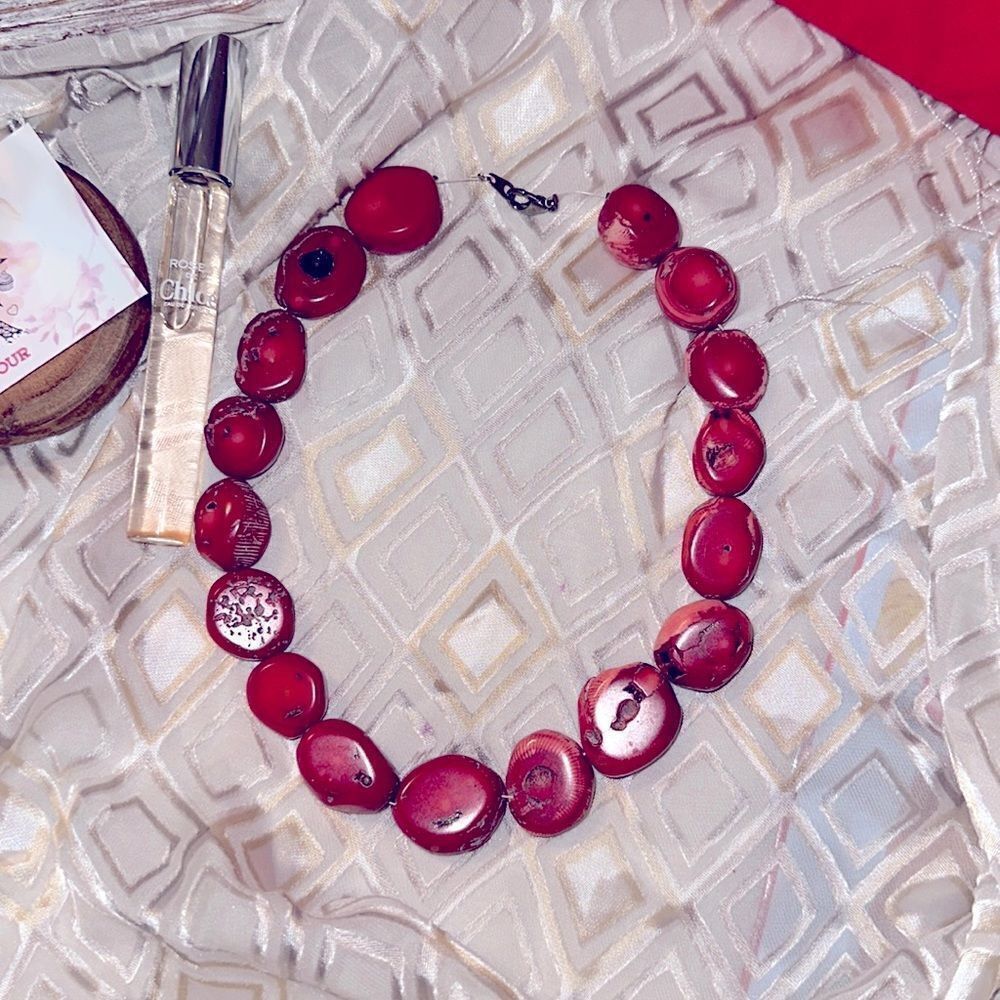 Vintage Rare Custom Crafted Red Black Pink Apple Coral Rock Necklace